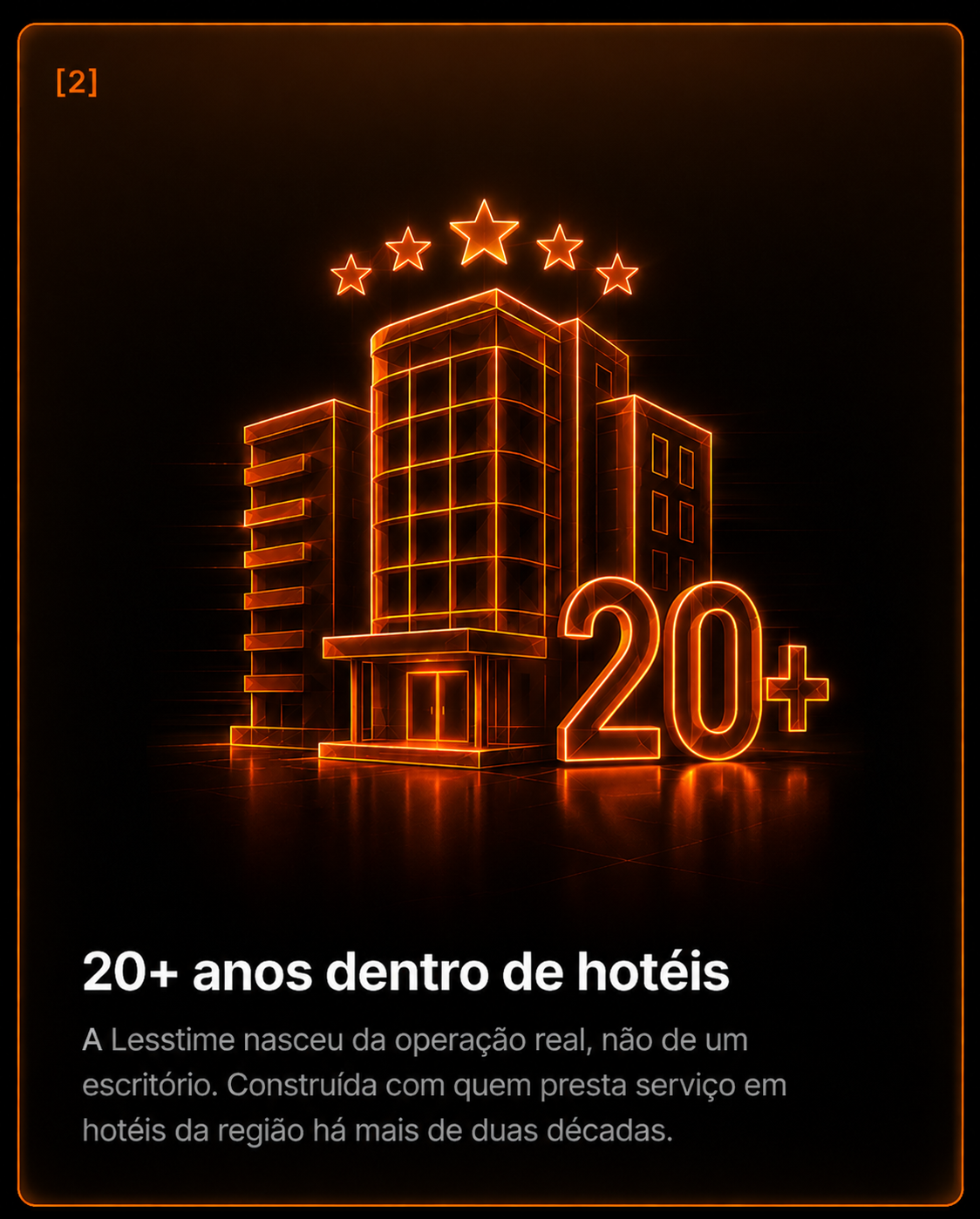 Ilustração em néon laranja de um prédio de hotel ao lado do número 20+, representando duas décadas de operação hoteleira.